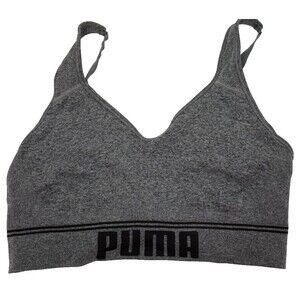 Puma Sports Bra Medium Heather Gray Logo Pull On Wireless Seamless Adjustable